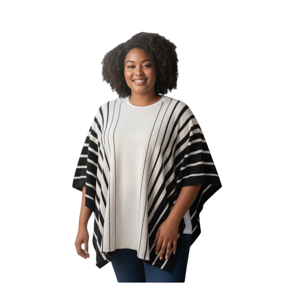 Lauren Ralph Lauren Knit Sweater Poncho Cape One Size White & Black Batwing